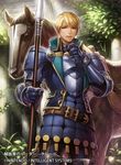  armor blonde_hair brown_eyes cleive company_name fire_emblem fire_emblem_cipher fire_emblem_echoes:_mou_hitori_no_eiyuuou gloves horse leaf male_focus mole mole_under_mouth official_art open_mouth polearm solo spear upper_body uroko_(mnr) weapon 