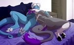  2017 anthro bed breasts butt claws cuddeling cute dragon duo featureless_breasts female fur grey_background grey_fur hair hi_res inside invalid_tag long_hair looking_at_viewer love lying male male/female mammal markings nude pawpads piaa purple_claws purple_fur purple_hair sergal simple_background 