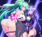  2girls artist_request ass bare_shoulders bdsm blue_eyes blush bodysuit bondage bound braid breasts choujigen_game_neptune compile_heart elbow_gloves from_behind gloves green_hair green_heart hair_ornament hair_tubes idea_factory large_breasts leaning leaning_forward leotard long_hair looking_at_viewer looking_back multiple_girls neptune_(choujigen_game_neptune) neptune_(series) open_mouth ponytail purple_eyes purple_hair purple_heart shiny shiny_clothes shiny_hair shiny_skin sideboob tentacle thighhighs twin_braids very_long_hair 