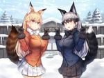  animal_ears black_bow black_gloves black_hair black_legwear black_neckwear black_skirt blonde_hair blush bow bowtie breasts brown_eyes commentary_request day ezo_red_fox_(kemono_friends) fox_ears fox_shadow_puppet fox_tail fur_trim gloves hair_between_eyes highres jacket kemono_friends long_hair long_sleeves looking_at_viewer medium_breasts multicolored_hair multiple_girls necktie open_mouth outdoors pantyhose pleated_skirt silver_fox_(kemono_friends) silver_hair skirt smile snow tail tree usa_b white_bow white_skirt yellow_legwear yellow_neckwear 