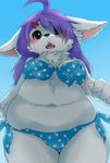  4_fingers :o ahoge bangs belly big_ears bikini black_nose blue_bikini blue_clothing blue_sky blue_swimsuit blush breasts breasts_apart canine cheek_tuft chest_tuft cleavage clothed clothing cute digital_media_(artwork) ears_down eyebrows eyebrows_visible_through_hair fangs female fennec fox front_view fur grey_eyes hair hair_between_eyes hair_over_eye hairclip high-angle_view inner_ear_fluff kemono legs_together long_hair looking_at_viewer mammal medium_breasts naga_tsukune navel nipple_bulge open_mouth outside pink_tongue polka_dots portrait purple_hair purple_nose sky slightly_chubby solo standing swimsuit three-quarter_portrait tongue tuft water wet white_fur 