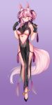  animal_ear_fluff animal_ears bare_shoulders black_gloves breasts center_opening china_dress chinese_clothes choker closed_fan commentary_request dress earrings eyebrows_visible_through_hair fan fate/grand_order fate_(series) folding_fan fox_ears fox_tail full_body glasses gloves gradient gradient_background hair_between_eyes high_heels highres jewelry koyanskaya large_breasts light_smile long_hair looking_at_viewer navel obiwan pelvic_curtain pink_hair purple_background ribbon_choker shiny shiny_skin side_slit sidelocks smile solo standing tail tamamo_(fate)_(all) underboob very_long_hair yellow_eyes 