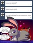  &lt;3 2016 anon anthro areola ask_blog big_butt breasts buckteeth butt canine cunnilingus dialogue disney duo english_text erect_nipples female fox frown greensalamander hi_res huge_butt judy_hopps lagomorph long_ears male mammal nick_wilde nipples nude oral purple_eyes rabbit sex small_breasts solo_focus teeth text tumblr vaginal zootopia 