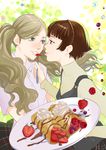  blonde_hair blue_eyes braid brown_hair feeding food niijima_makoto persona persona_5 red_eyes smile takamaki_anne twintails yuri 