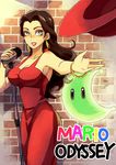 blue_eyes breasts brick_wall bright_pupils brown_hair cleavage copyright_name dress earrings hat jewelry large_breasts lipstick long_hair looking_at_viewer makeup mario_(series) microphone open_mouth outstretched_hand pauline_(mario) poo power_moon red_dress smile solo super_mario_bros. super_mario_odyssey 