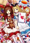  ace_of_hearts alice_in_wonderland animal_ears apple black_legwear blonde_hair blue_eyes blush book brown_hair bunny_ears card clock cup eat_me fake_animal_ears flower food fruit glasses grapes green_eyes hairband hat highres holding holding_hands holding_pillow holding_stuffed_animal kiritani846 little_red_riding_hood long_hair looking_at_viewer lying mob_cap multiple_girls on_back open_book open_mouth original pillow plate playing_card puffy_short_sleeves puffy_sleeves short_hair short_sleeves smile striped striped_legwear stuffed_animal stuffed_toy stuffed_wolf tea teacup teeth thighhighs white_legwear 