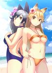  :&lt; absurdres animal_ears bare_arms beach bikini black_hair blonde_hair blue_choker blue_sky blue_swimsuit breasts brown_eyes casual_one-piece_swimsuit choker cleavage cloud cloudy_sky commentary_request contrapposto cowboy_shot day dutch_angle ezo_red_fox_(kemono_friends) flower from_side gradient_hair hair_flower hair_ornament halterneck highres kemono_friends legs_apart long_hair looking_at_viewer medium_breasts multicolored_hair multiple_girls navel o-ring o-ring_bikini one-piece_swimsuit orange_bikini outdoors parted_lips sakuhiko side-tie_bikini silver_fox_(kemono_friends) silver_hair sky standing swimsuit two-tone_hair white_choker 