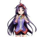  :t ahoge black_shorts cowboy_shot eating food hair_ribbon holding holding_food long_hair looking_at_viewer official_art purple_hair red_eyes red_ribbon ribbon short_shorts shorts smile solo standing sword_art_online sword_art_online:_code_register transparent_background very_long_hair yuuki_(sao) 