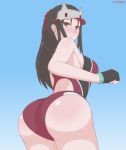  1girl ass bare_shoulders black_hair blush breasts brown_eyes fingerless_gloves from_behind gloves hat huge_ass kai_schren large_breasts long_hair looking_at_viewer looking_back numen one-piece_swimsuit senjou_no_valkyria_4 shiny shiny_skin sideboob smile solo swimsuit visor 