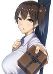  blush box breasts brown_eyes brown_hair commentary_request foreshortening from_side gift gift_box giving hair_between_eyes incoming_gift kaga_(kantai_collection) kantai_collection large_breasts looking_at_viewer looking_to_the_side muunyan_(yumenekoya) parted_lips short_hair side_ponytail solo upper_body valentine 