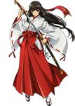  00s 1girl black_hair brown_eyes brown_hair female headband holding holding_sword holding_weapon japanese_clothes long_hair long_sleeves looking_at_viewer low-tied_long_hair miko official_art queen&#039;s_blade sandals serious sheath solo sword tabi tied_hair tomoe unsheathing very_long_hair weapon white_background wide_sleeves 