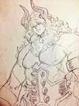  asterios_(fate/grand_order) bare_shoulders black_sclera fate/grand_order fate_(series) graphite_(medium) highres horns kanemaki_thomas long_hair looking_at_viewer male_focus muscle solo traditional_media upper_body very_long_hair 