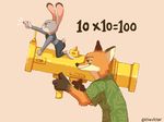  2016 anthro canine clothed clothing disney duo female fox fully_clothed fur gloves_(marking) green_eyes hawaiian_shirt holding_object holding_weapon judy_hopps lagomorph male mammal markings math nick_wilde pikaristar pointing police_uniform purple_eyes rabbit ranged_weapon rocket_launcher shirt simple_background smile text uniform weapon zootopia 