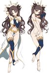  ass bare_shoulders black_hair breasts crown dakimakura earrings fate/grand_order fate_(series) feet hair_ribbon hand_on_own_ass highres hoop_earrings ishtar_(fate/grand_order) jewelry kure_masahiro long_hair long_legs looking_at_viewer lying medium_breasts multiple_views nude on_back red_eyes ribbon simple_background single_bridal_gauntlet single_thighhigh smile soles thighhighs white_background 