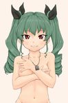  1girl anchovy blush breasts girls_und_panzer green_eyes groin kaiyuna medium_breasts navel nipples red_hair solo 