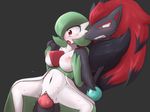  2017 anthro aoinu areola balls big_breasts black_fur blue_eyes blush breasts duo eyelashes female fur gardevoir green_hair grey_background hair humanoid humanoid_on_anthro male male/female navel nintendo nipples open_mouth penetration penis pink_penis pok&eacute;mon pussy pussy_juice red_eyes red_hair sex simple_background spread_legs spreading sweat vaginal vaginal_penetration video_games white_skin zoroark 