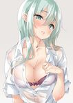  aqua_eyes aqua_hair blush bra breasts cleavage ebifurya grey_background hair_between_eyes head_tilt highres kantai_collection large_breasts long_hair looking_at_viewer open_clothes open_mouth open_shirt partially_unbuttoned purple_bra see-through shirt simple_background sleeves_folded_up solo suzuya_(kantai_collection) sweat underwear upper_body 