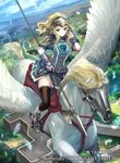  arm_guards armor banned_artist blonde_hair blue_dress clair_(fire_emblem) company_name dress feathers fire_emblem fire_emblem_cipher fire_emblem_echoes:_mou_hitori_no_eiyuuou helmet kawasumi_(japonica) long_hair official_art pegasus pegasus_knight polearm ponytail riding saddle short_dress shoulder_armor solo thighhighs weapon 