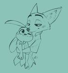  2017 alec8ter anthro blush canine clothed clothing cute disney duo female fox fur green_background happy hi_res hug inner_ear_fluff judy_hopps lagomorph love male male/female mammal monochrome nick_wilde one_eye_closed rabbit romantic_couple signature simple_background smile zootopia 