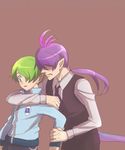  ahoge green_eyes green_hair hair_over_one_eye horns hug hug_from_behind lizard_tail long_hair male_focus michael_wazowski monsters_inc. multiple_boys nagatobi necktie personification purple_hair randall_boggs sharp_teeth tail teeth vest 