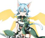  animal_ears black_ribbon black_shorts blue_eyes blue_hair bow_(weapon) breastplate cat_ears cat_tail hair_between_eyes hair_ribbon holding holding_bow_(weapon) holding_weapon leaning_forward looking_at_viewer midriff navel official_art ribbon short_hair_with_long_locks short_shorts shorts sidelocks sinon sinon_(sao-alo) smile solo standing stomach sword_art_online sword_art_online:_code_register tail thigh_strap transparent_background weapon yellow_wings 