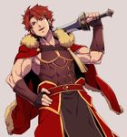  alexander_(fate/grand_order) biceps cape cosplay cowboy_shot dutch_angle fate/grand_order fate_(series) fur_trim grey_background hair_intakes hand_on_hip looking_at_viewer male_focus muscle older open_mouth over_shoulder red_eyes red_hair rider_(fate/zero) rider_(fate/zero)_(cosplay) sami_(object_dump) simple_background smile solo sword sword_over_shoulder weapon weapon_over_shoulder 