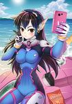  animal_print bangs beach blue_bodysuit blue_sky bodysuit breasts brown_eyes brown_hair bunny_print cellphone cloud covered_navel cowboy_shot d.va_(overwatch) day doritos facepaint facial_mark gloves headphones high_collar holding holding_phone impossible_bodysuit impossible_clothes long_hair looking_at_viewer mecha medium_breasts meka_(overwatch) outdoors overwatch phone pilot_suit pink_lips ribbed_bodysuit shore shoulder_pads sitting sitting_on_object skin_tight sky smartphone smile solo swept_bangs takejun v whisker_markings white_gloves 