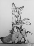  2016 anthro barefoot belt black_and_white bulletproof_vest canine claws clothed clothing dipstick_ears dipstick_tail disney duo eyes_closed female fox frown gloves_(marking) hi_res hug inner_ear_fluff judy_hopps lagomorph male mammal markings missashleyng monochrome multicolored_tail necktie nick_wilde on_one_leg pants police_uniform rabbit shirt signature simple_background size_difference smile standing toe_claws traditional_media_(artwork) uniform utility_belt white_background zootopia 