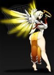  1girl ass blonde_hair blue_eyes bodysuit breasts curvy glowing glowing_winds headgear huge_ass large_breasts looking_at_viewer mercy_(overwatch) overwatch short_hair short_ponytail solo standing thighhighs wide_hips xiii 