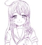  ahoge commentary_request crying crying_with_eyes_open eyebrows_visible_through_hair flower hair_between_eyes hands_together holding holding_flower kantai_collection katou_(fieskiri) long_hair looking_at_viewer lowres monochrome school_uniform serafuku short_sleeves simple_background smile solo straight_hair tears ushio_(kantai_collection) white_background 