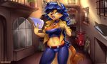  anthro breasts canine carmelita_fox clothed clothing collar female fox hotbento mammal outside sly_cooper_(series) solo standing tongue tongue_out video_games 