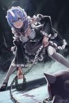  ball_and_chain blood blue_eyes blue_hair breasts cleavage clenched_teeth detached_sleeves hair_ornament highres horn large_breasts long_legs long_sleeves looking_at_viewer maid maid_headdress mool_yueguang parted_lips re:zero_kara_hajimeru_isekai_seikatsu rem_(re:zero) short_hair teeth thighhighs white_legwear x_hair_ornament 