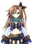 bangs belt belt_pouch bow breasts brown_hair detached_sleeves eyebrows_visible_through_hair four_goddesses_online:_cyber_dimension_neptune green_eyes green_scarf hair_bow hair_ornament highres if_(choujigen_game_neptune) jacket long_hair long_sleeves looking_at_viewer midriff navel neptune_(series) official_art one_side_up open_clothes open_jacket pouch scarf shorts small_breasts solo standing transparent_background tsunako waifu2x wide_sleeves 