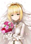  ahoge bangs blonde_hair blush bodysuit bouquet breasts bridal_veil buckle chain closed_mouth commentary_request eyebrows_visible_through_hair fate/extra fate/extra_ccc fate_(series) flower green_eyes hair_flower hair_intakes hair_ornament half-closed_eyes head_tilt highres holding holding_bouquet karu_(qqqtyann) lock long_sleeves looking_at_viewer medium_breasts nero_claudius_(bride)_(fate) nero_claudius_(fate)_(all) object_hug padlock petals pink_flower pink_rose red_flower red_rose rose shiny shiny_hair short_hair simple_background smile solo upper_body veil white_background white_bodysuit white_flower zipper zipper_pull_tab 