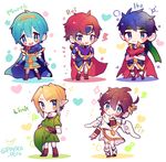  blonde_hair blue_eyes blush bracelet brown_hair cape chibi fire_emblem fire_emblem:_fuuin_no_tsurugi fire_emblem:_monshou_no_nazo fire_emblem:_souen_no_kiseki gloves hat hat_removed headwear_removed highres ike jewelry kid_icarus kid_icarus_uprising link long_hair looking_at_viewer male_focus marth multiple_boys open_mouth pit_(kid_icarus) pointy_ears red_hair repikinoko roy_(fire_emblem) short_hair smile super_smash_bros. the_legend_of_zelda the_legend_of_zelda:_twilight_princess tiara triforce wings 