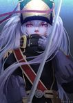  absurdres altair_(re:creators) commentary evie gauntlets hat highres long_hair military military_uniform re:creators red_eyes saber_(weapon) shako_cap solo sword uniform weapon white_hair 
