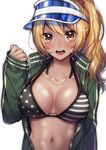  bikini blonde_hair blush breasts cleavage collarbone dark_skin eyebrows_visible_through_hair highres jacket jewelry kiritani846 large_breasts long_hair long_sleeves looking_at_viewer navel necklace open_mouth open_track_jacket original polka_dot polka_dot_bikini ponytail simple_background striped striped_bikini swimsuit teeth track_jacket upper_body white_background yellow_eyes 