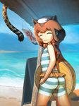  :3 aasu_kirishita animal_ears ass bodypaint brown_hair capybara_(kemono_friends) capybara_ears closed_eyes eyebrows_visible_through_hair footprints hand_on_hip highres kemono_friends looking_at_viewer ocean short_hair smile solo water 