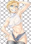 arm_up armpits black_legwear blonde_hair blue_eyes chain-link_fence commentary_request covered_nipples cowboy_shot earrings fence hair_between_eyes hand_on_hip jewelry looking_at_viewer midriff mole mole_under_eye navel navel_piercing original ouka_(oukakaka) piercing shirt short_shorts shorts skin_tight sleeveless sleeveless_shirt smile solo teeth thighhighs turtleneck unbuttoned 