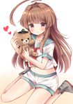  ahoge aqua_sailor_collar bad_id bad_nicoseiga_id brown_eyes brown_hair collarbone eyebrows_visible_through_hair heart highres holding holding_stuffed_animal kantai_collection kuma_(kantai_collection) long_hair masayo_(gin_no_ame) midriff navel neckerchief red_neckwear sailor_collar school_uniform serafuku short_sleeves shorts smile solo stuffed_animal stuffed_toy teddy_bear white_shorts 