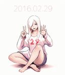  :d bare_legs barefoot black_eyes collarbone commentary dated full_body hair_over_one_eye indian_style long_hair looking_at_viewer oopartz_yang open_mouth original short_shorts shorts sitting smile solo sweater uma_(oopartz_yang) white_hair 