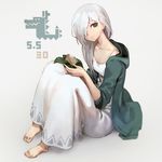  barefoot black_eyes breasts closed_mouth collarbone dress food full_body hair_over_one_eye hair_over_shoulder highres hood hood_down hoodie long_hair looking_at_viewer oopartz_yang open_clothes open_hoodie original silver_hair sitting small_breasts smile solo sweet_potato uma_(oopartz_yang) white_dress 