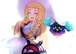  :d bad_id bad_pixiv_id bag bangs blonde_hair blunt_bangs braid check_commentary closed_eyes collared_dress commentary commentary_request cosmog dress duffel_bag flat_chest gen_7_pokemon hat light lillie_(pokemon) long_hair looking_at_viewer mopiwo open_mouth poke_ball_theme pokemon pokemon_(creature) pokemon_(game) pokemon_sm simple_background sleeveless sleeveless_dress smile sun_hat sundress teeth thick_eyebrows twin_braids white_background white_dress white_hat 