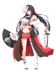  bare_shoulders black_hair boots breasts detached_sleeves fan fox_mask full_body holding holding_fan holding_weapon japanese_clothes kichihachi kubota_(oshiro_project) large_breasts long_hair looking_at_viewer mask midriff mismatched_legwear nontraditional_miko official_art oshiro_project oshiro_project_re purple_eyes red_skirt short_sword skirt solo sword thigh_boots thighhighs transparent_background very_long_hair weapon 