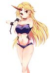  bikini blonde_hair breasts chain closed_mouth highres horn hoshiguma_yuugi large_breasts long_hair looking_at_viewer maturiuta_sorato navel outstretched_arm purple_bikini red_eyes simple_background smile solo standing star_tattoo swimsuit tattoo touhou white_background 