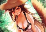  animal_ears bare_shoulders blush breasts brooch brown_hair cleavage collarbone dress hat imaizumi_kagerou jewelry large_breasts long_hair looking_at_viewer mokokiyo_(asaddr) no_bra open_mouth red_eyes slit_pupils smile solo straw_hat sundress tail tan tanline touhou wolf_ears wolf_tail 