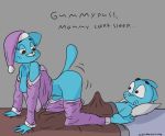  2018 3_toes 4_fingers all_fours anthro bed bedding big_breasts biting_lip blanket blue_fur breasts butt callmewritefag cartoon_network cat clothed clothing cub digital_media_(artwork) duo erection feet feline female fur gumball_watterson half-closed_eyes hat hi_res implied_incest inside lying male male/female mammal mother mother_and_son nicole_watterson nightcap nipples nude on_back pajamas parent partially_clothed pillow presenting presenting_hindquarters purple_bottomwear purple_headwear purple_topwear simple_background son tenting the_amazing_world_of_gumball toes young 