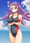  absurdres black_swimsuit blurry breasts cloud company_connection competition_swimsuit covered_nipples cowboy_shot day depth_of_field highres horizon jun'you_(kantai_collection) kantai_collection large_breasts long_hair looking_at_viewer ocean one-piece_swimsuit purple_eyes purple_hair sangyou_haikibutsu_a solo spiked_hair standing swimsuit trembling 