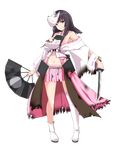  bare_shoulders black_hair boots breasts detached_sleeves fan fox_mask full_body holding holding_fan holding_weapon japanese_clothes kichihachi kubota_(oshiro_project) large_breasts long_hair looking_at_viewer mask midriff navel nontraditional_miko official_art oshiro_project oshiro_project_re pink_skirt pleated_skirt purple_eyes short_sword skirt solo sword thigh_boots thighhighs torn_boots torn_clothes transparent_background weapon 