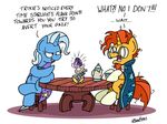  2017 bobthedalek cape clothed clothing dialogue english_text equine eyewear female feral friendship_is_magic glasses group hair hi_res horn mammal multicolored_hair my_little_pony simple_background starlight_glimmer_(mlp) sunburst_(mlp) table text trixie_(mlp) two_tone_hair unicorn white_background 